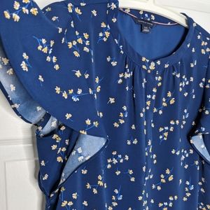 Tommy Hilfiger Blue Floral Dress with Ruffle Sleeves Size Large